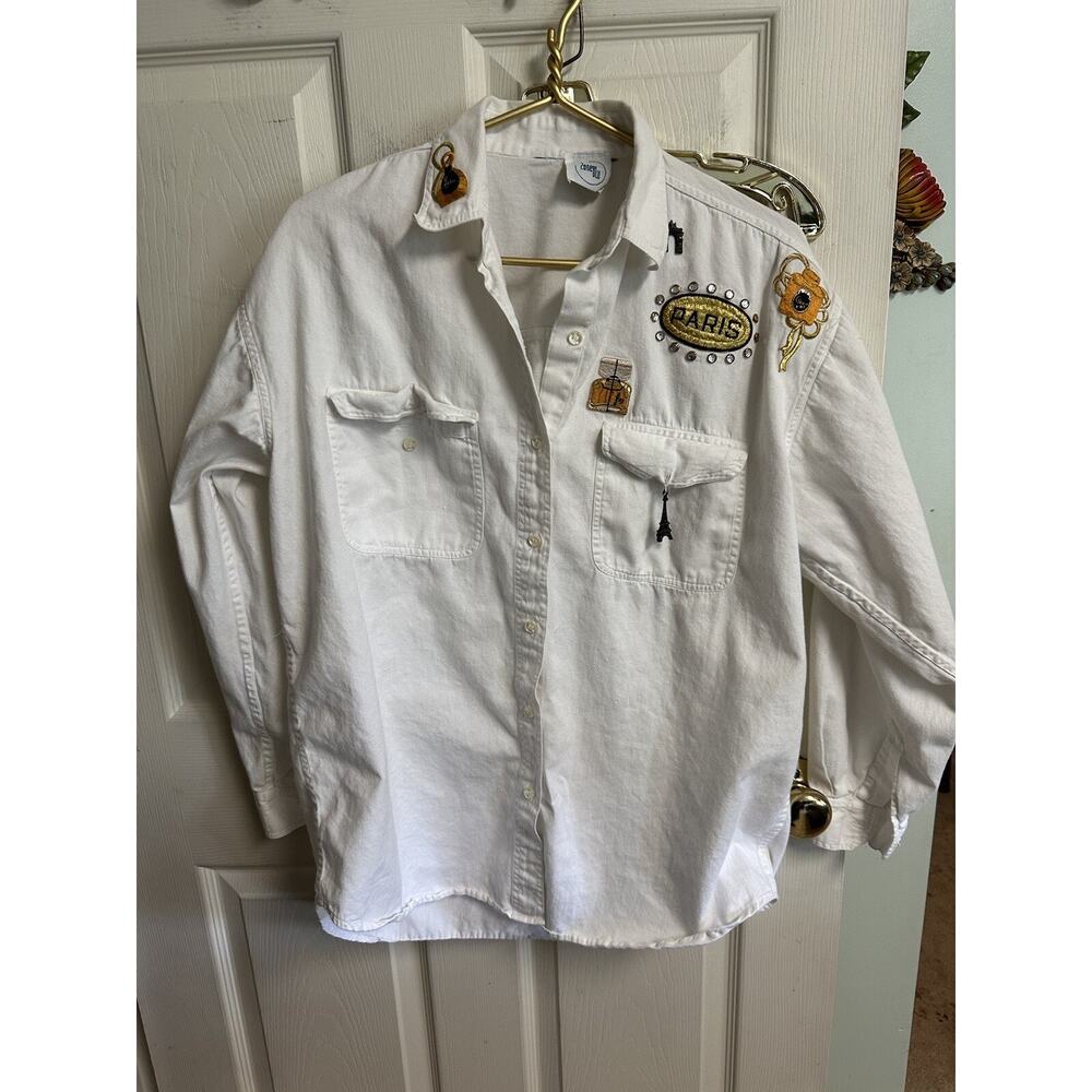 VNT 90s Zone blu Button Up Blouse French Paris Theme Tower White Large Perfume